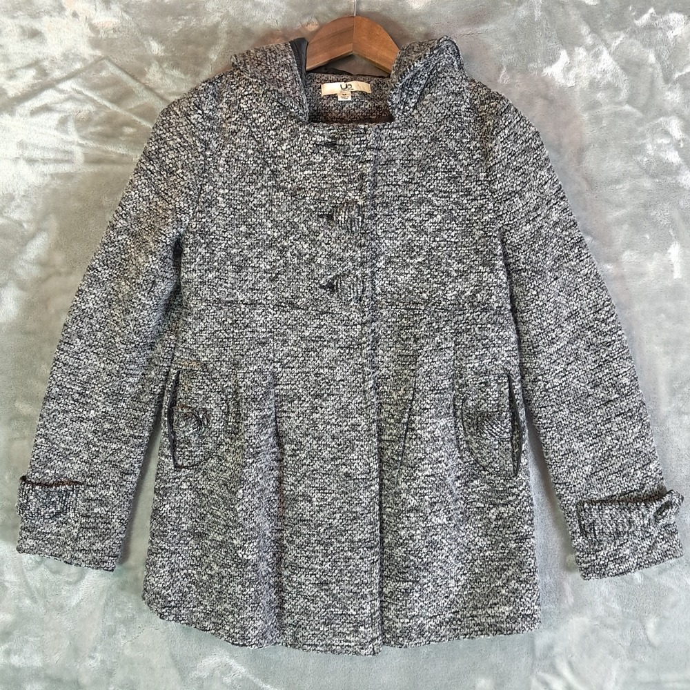 YA Los Angeles Hooded Boucle Tweed Coat Womens M Black White Marled Knit Jacket